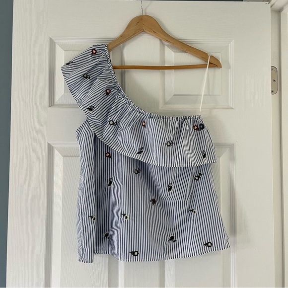 Abercrombie & Fitch Tops - Abercrombie & Fitch One Shoulder Striped Blouse Floral Embroidered Size Medium